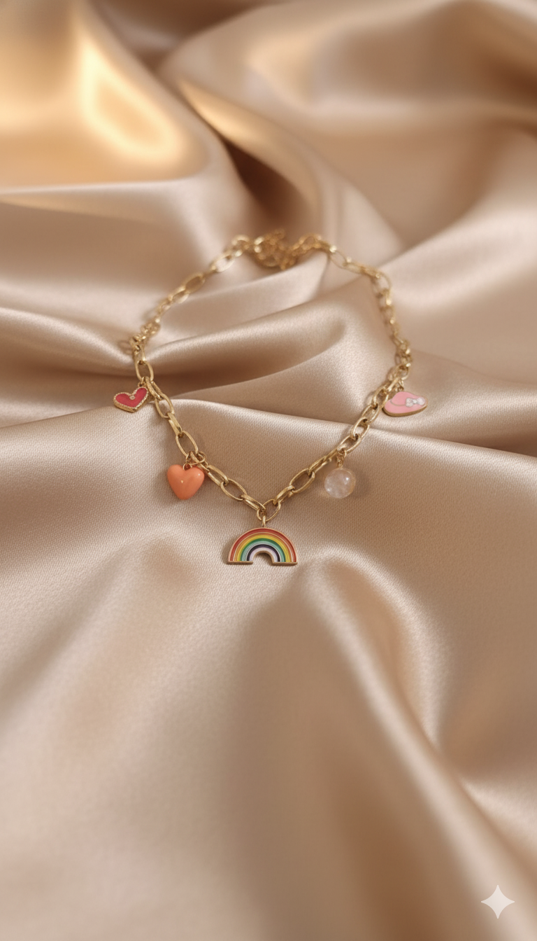 Gold-Plated Rainbow Charm Necklace with Colorful Heart Pendants and Enamel Design stand