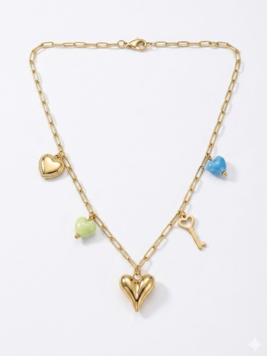 Heart & Key Gold Plated Charm Necklace | Revaaj