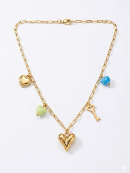 Heart & Key Gold Plated Charm Necklace | Revaaj