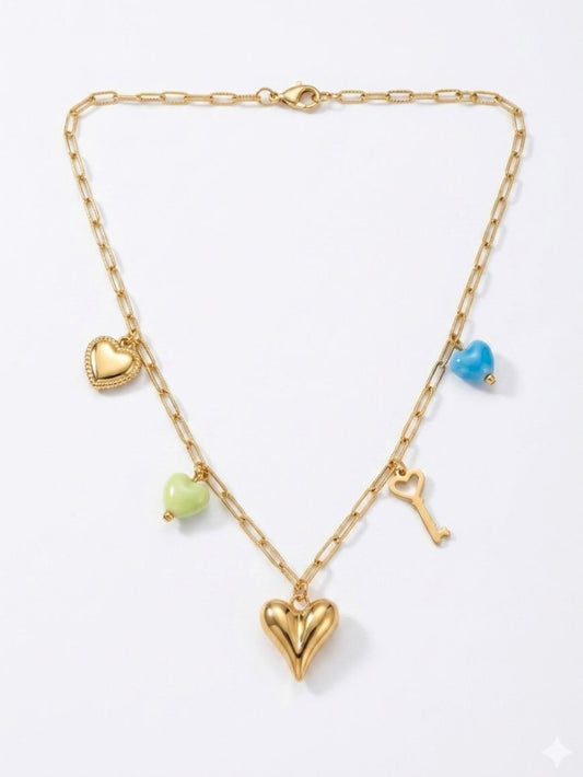 Heart & Key Gold Plated Charm Necklace | Revaaj