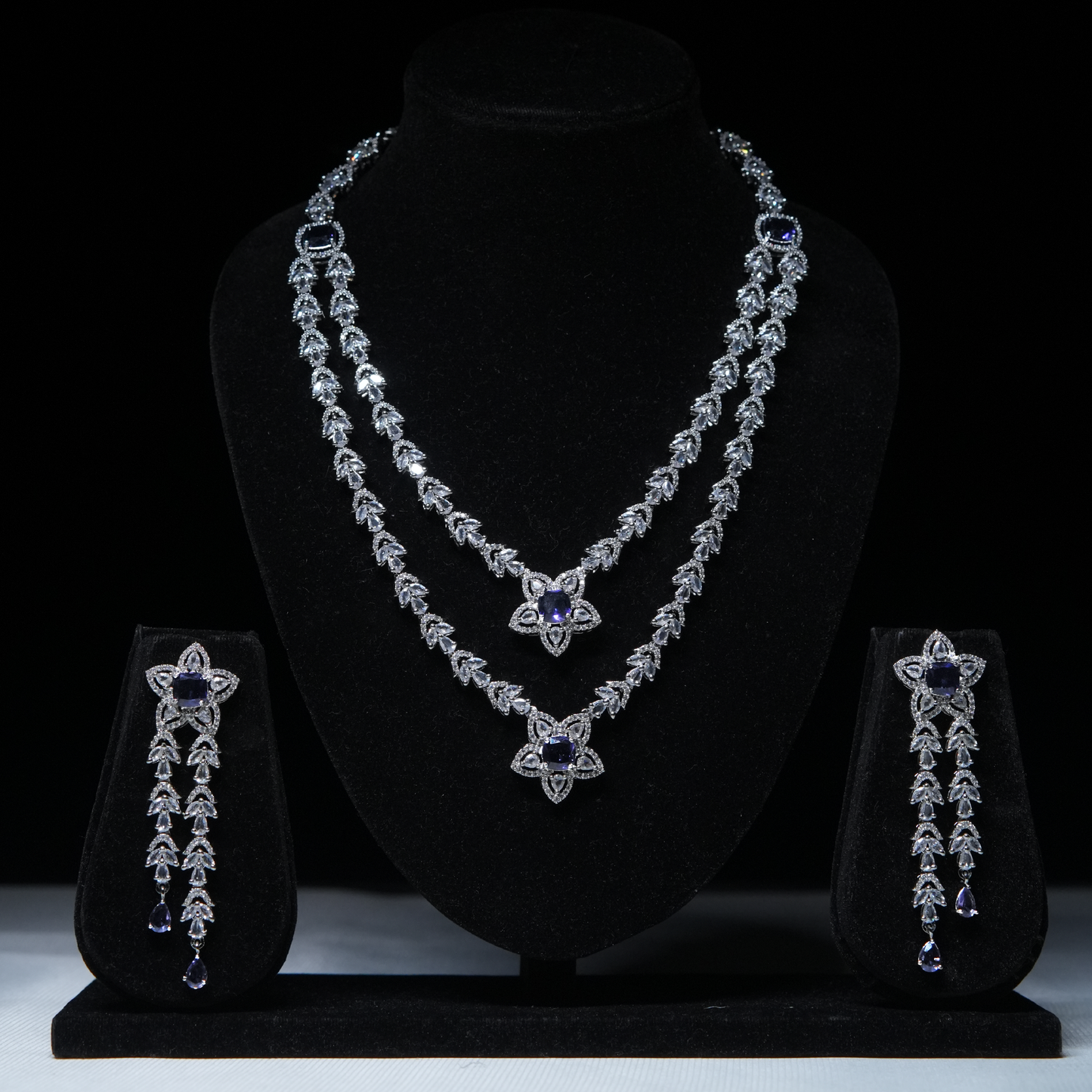 Celestial Bloom Dual Layer Necklace Set with Blue Stones