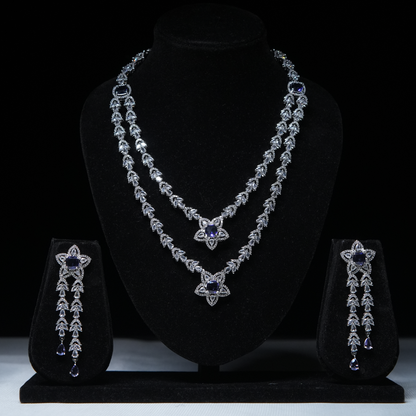 Celestial Bloom Dual Layer Necklace Set with Blue Stones