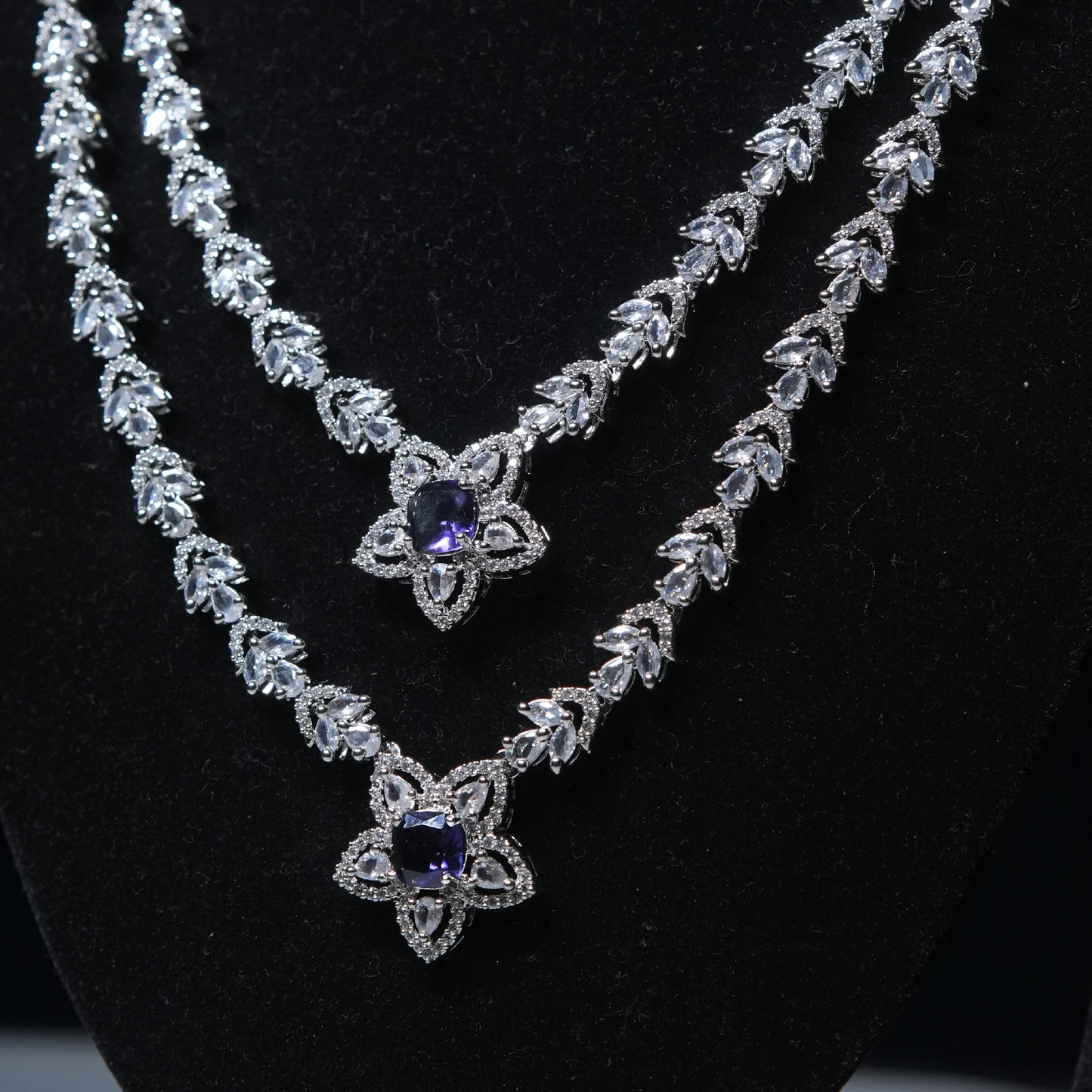 Celestial Bloom Dual Layer Necklace Set with Blue Stones