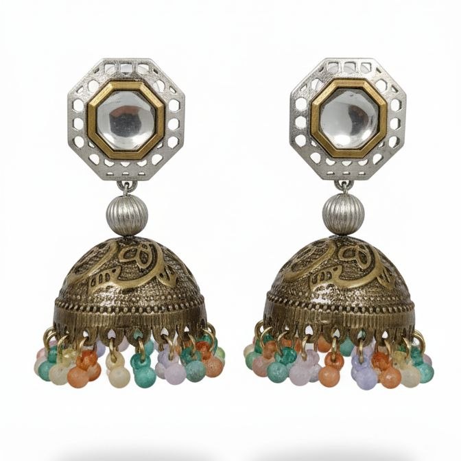 Pair of silver and gold toned octagonal mirror jhumka earrings with engraved bell drops and dangling multicolored beads 1