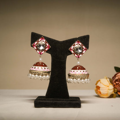 Rajasthani Enamel Jhumka Earrings with Pearl Trim