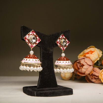 Rajasthani Enamel Jhumka Earrings with Pearl Trim
