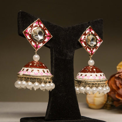 Rajasthani Enamel Jhumka Earrings with Pearl Trim