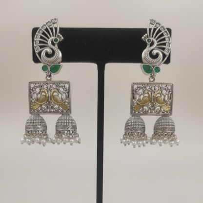 Oxidized Silver Peacock Jhumka Earrings with Green Stones and Dual Bird Design