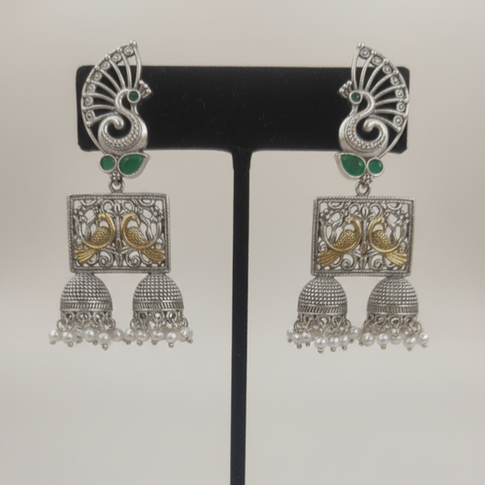 Oxidized Silver Peacock Jhumka Earrings with Green Stones and Dual Bird Design