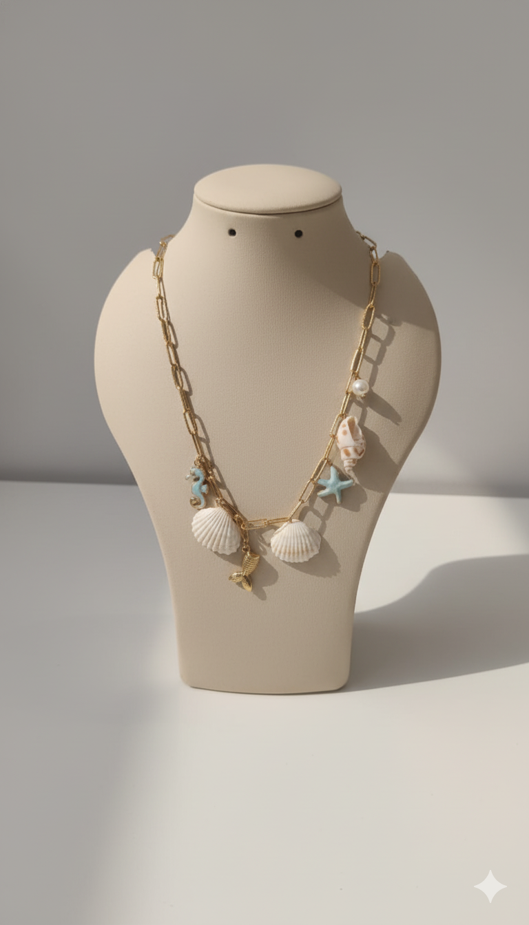 Gold-Plated Ocean Charm Necklace with Seashell, Starfish, and Seahorse Pendants