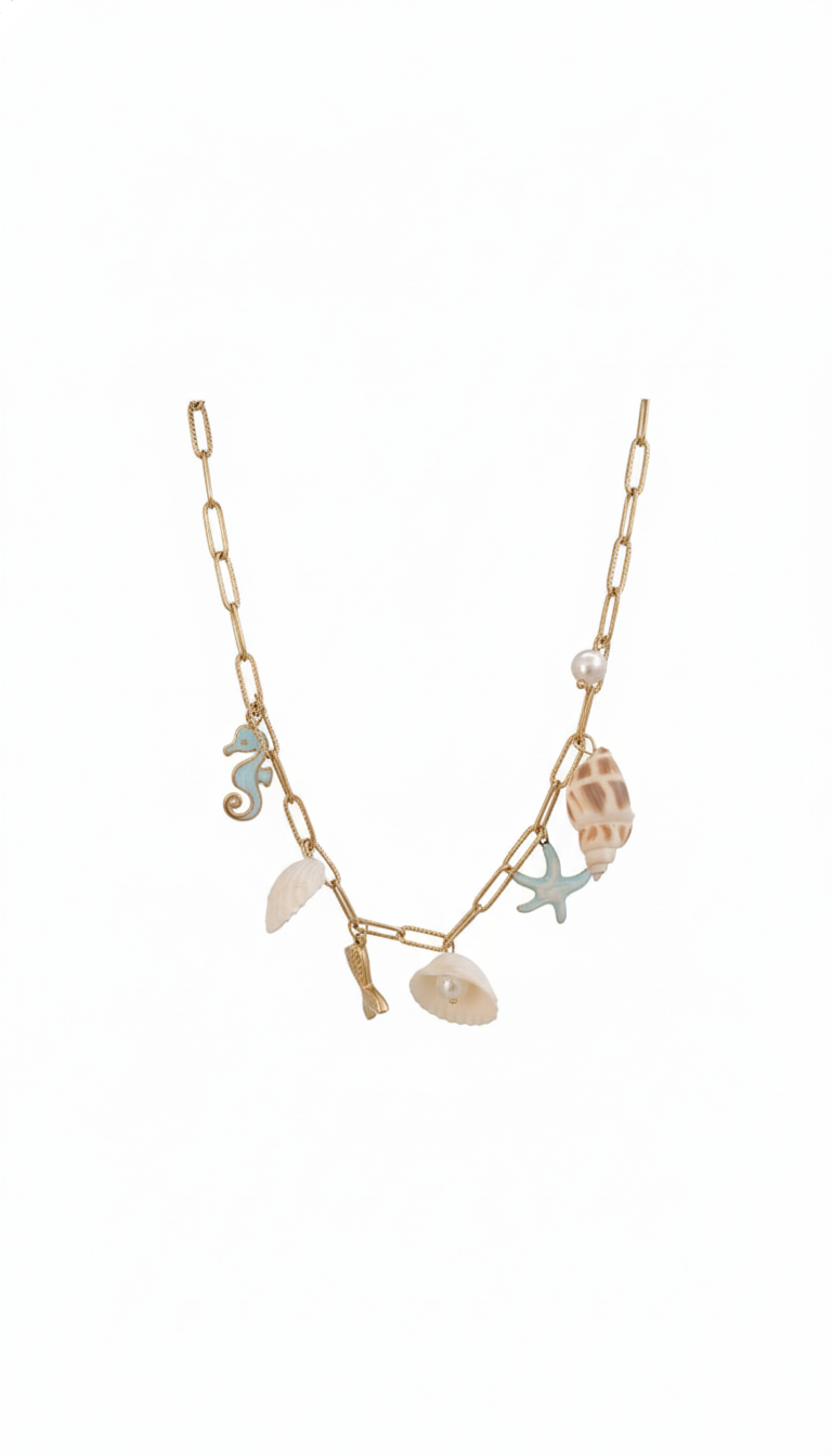 Gold-Plated Ocean Charm Necklace with Seashell, Starfish, and Seahorse Pendants