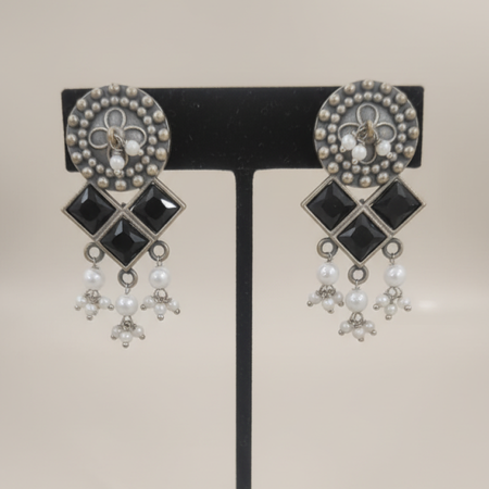 Oxidized Silver Black Stone Drop Earrings with Pearl Beads and Geometric Design