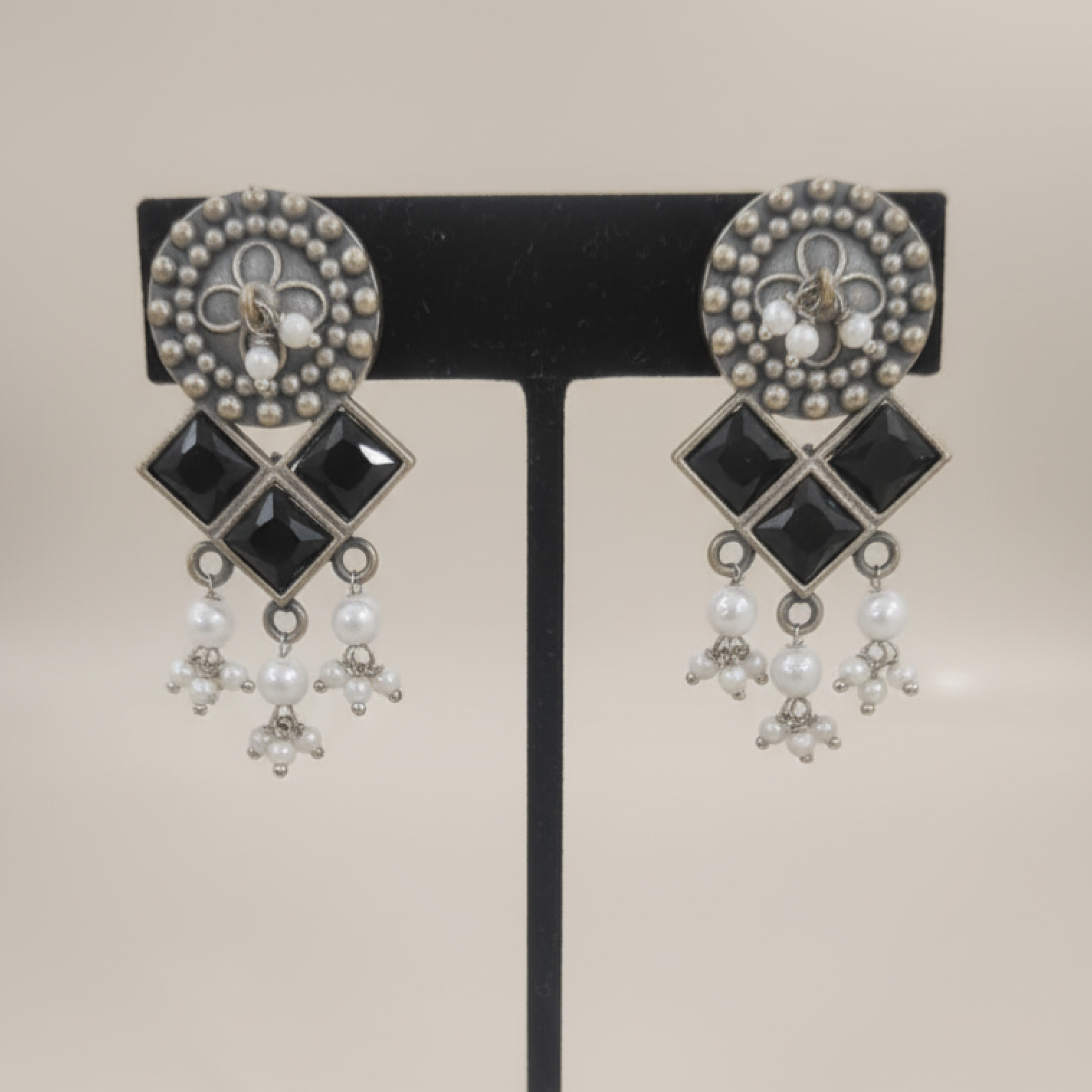 Oxidized Silver Black Stone Drop Earrings with Pearl Beads and Geometric Design