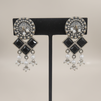 Oxidized Silver Black Stone Drop Earrings with Pearl Beads and Geometric Design
