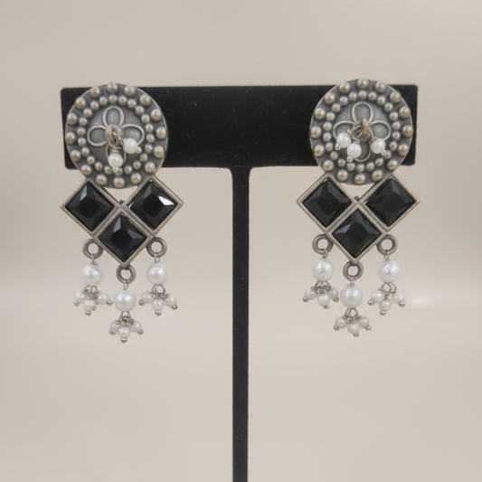 Oxidized Silver Black Stone Drop Earrings with Pearl Beads and Geometric Design
