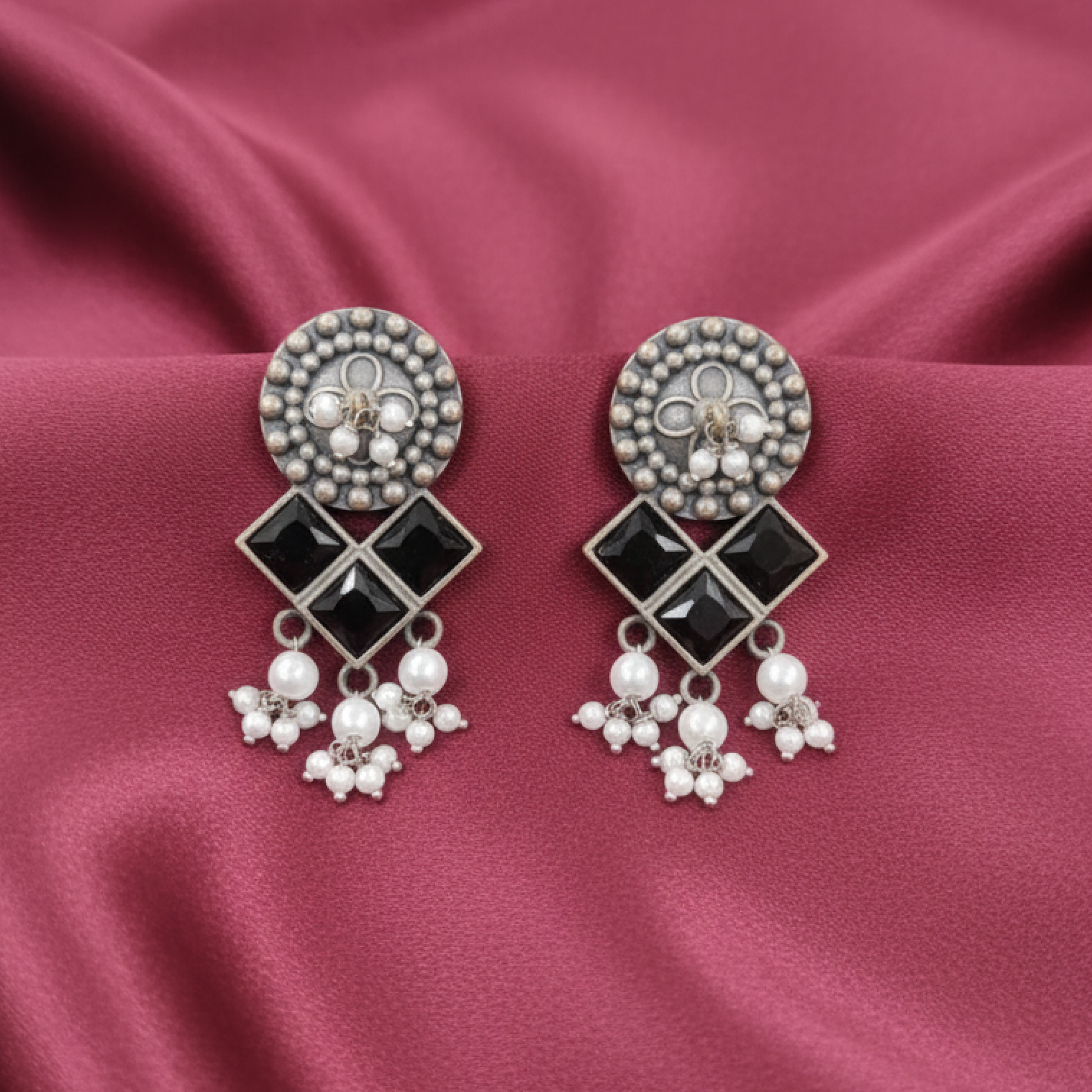 Oxidized Silver Black Stone Drop Earrings with Pearl Beads and Geometric Design white