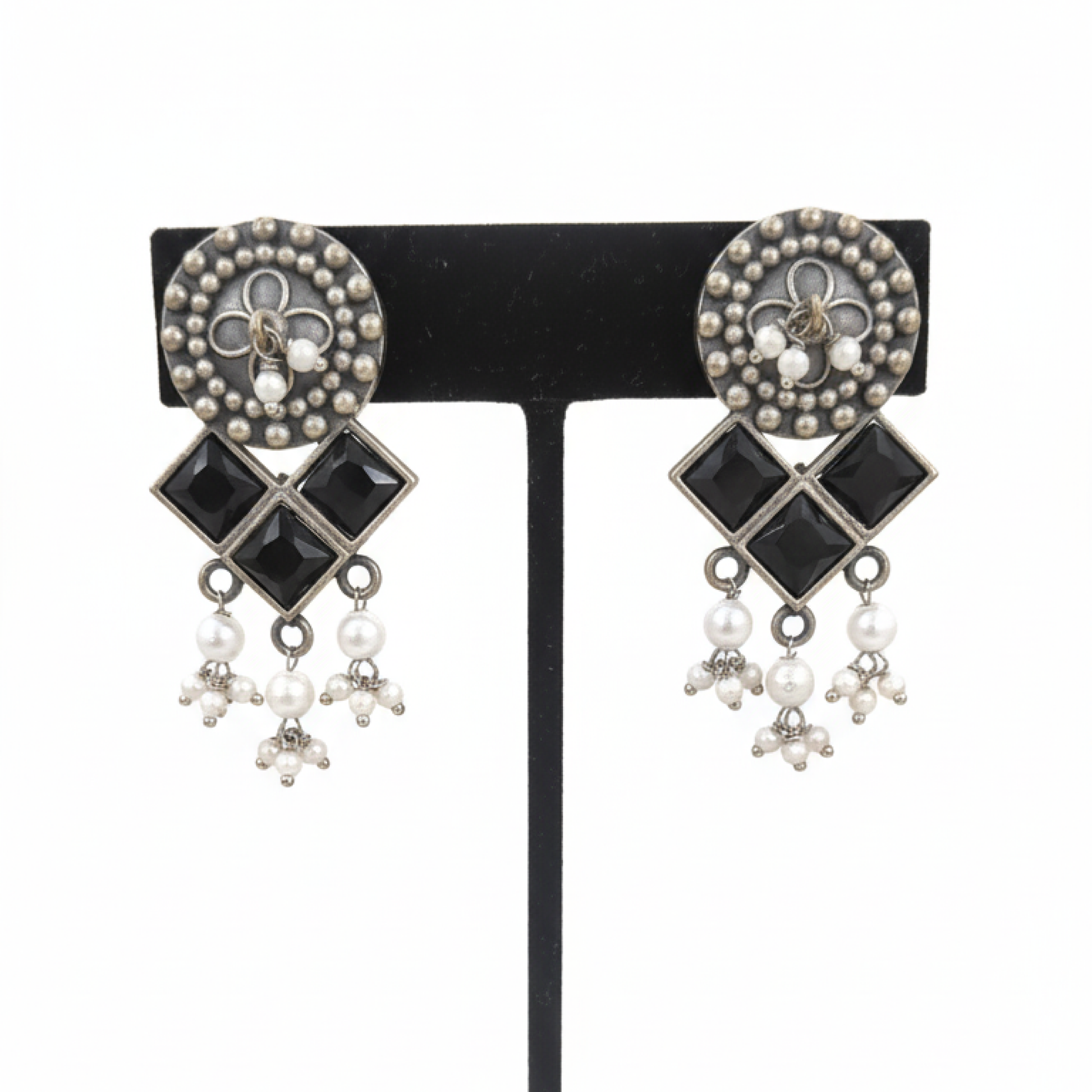 Oxidized Silver Black Stone Drop Earrings with Pearl Beads and Geometric Design ground