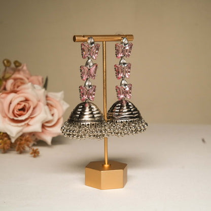 Pink Butterfly Charm Silver Jhumka Earrings