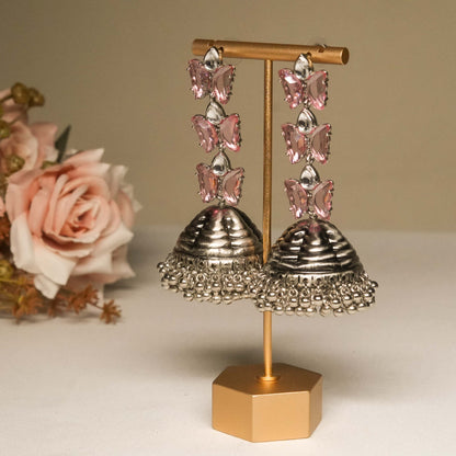 Pink Butterfly Charm Silver Jhumka Earrings