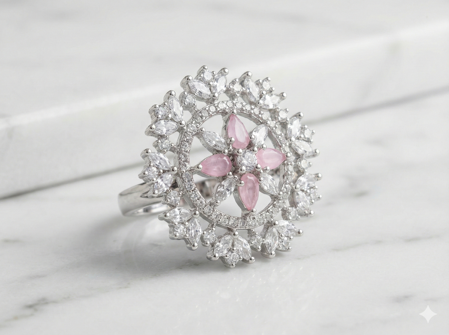 Silver Floral Cluster Ring with Pink & White CZ Stones