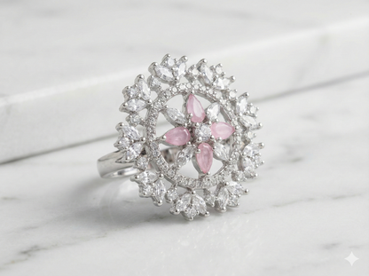 Silver Floral Cluster Ring with Pink & White CZ Stones