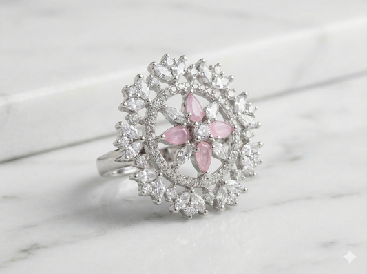 Silver Floral Cluster Ring with Pink & White CZ Stones
