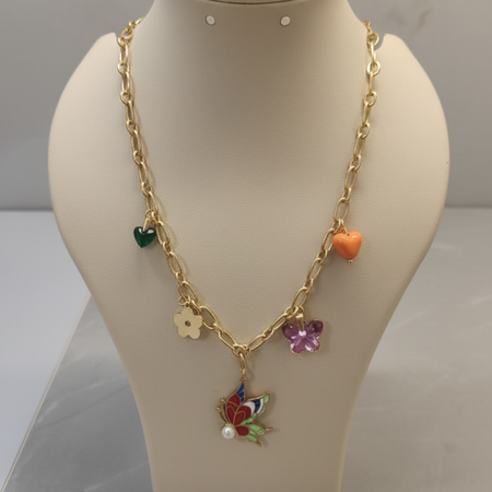 Gold-Plated Butterfly Charm Necklace with Colorful Enamel Floral and Heart Pendants