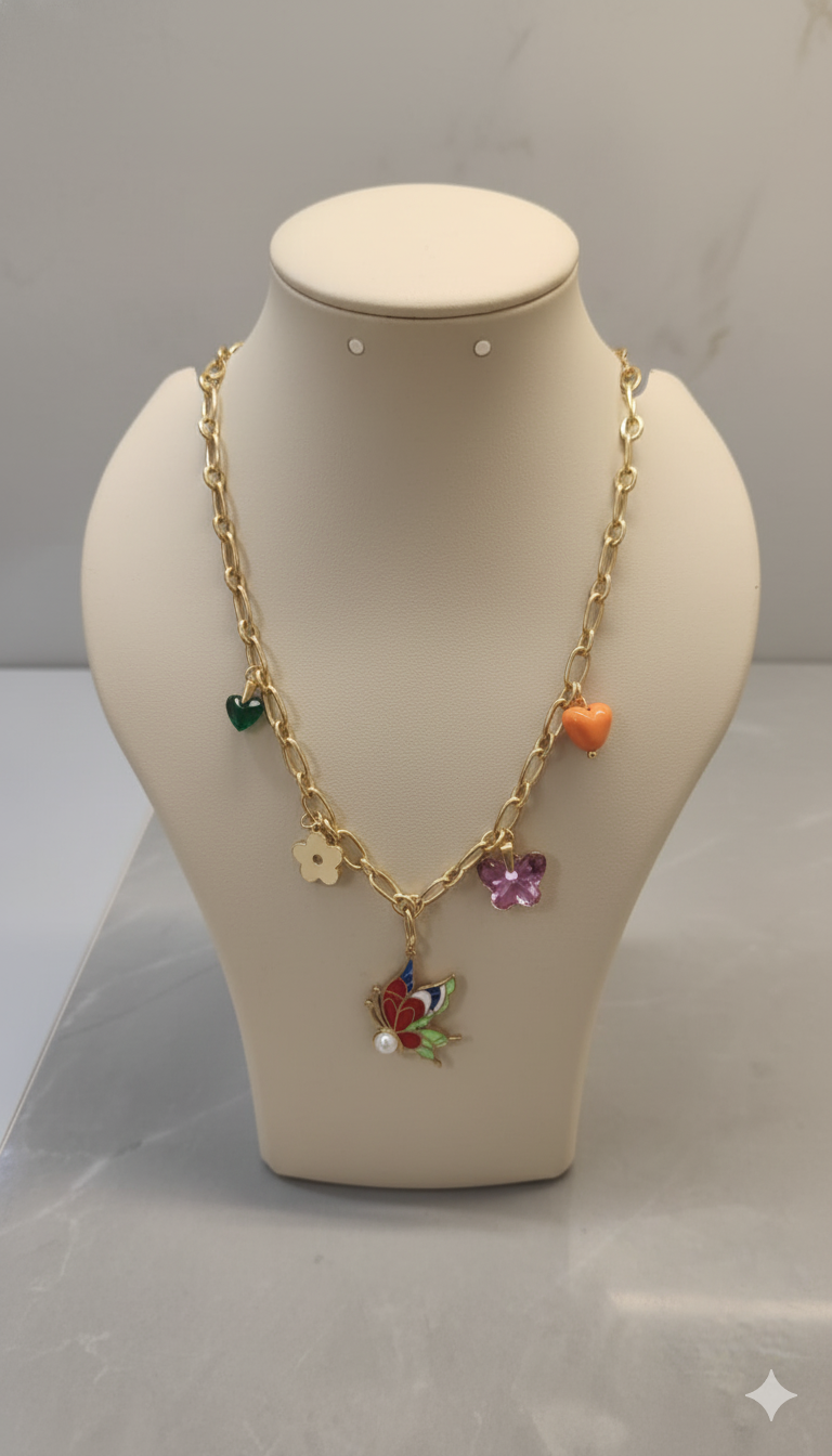 Gold-Plated Butterfly Charm Necklace with Colorful Enamel Floral and Heart Pendants