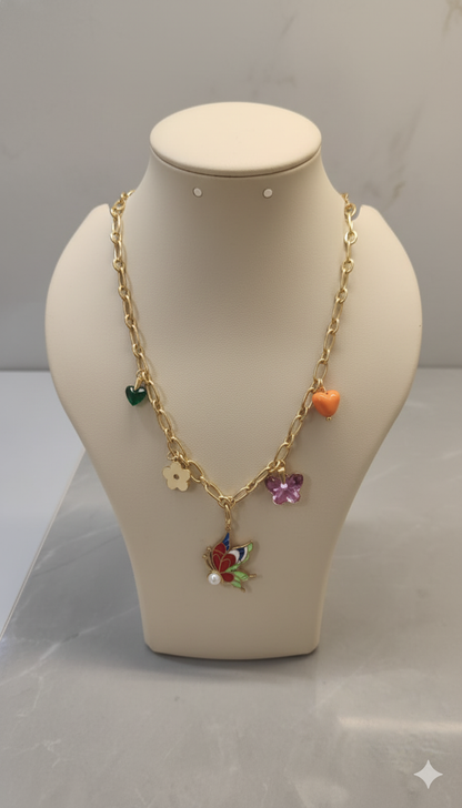 Gold-Plated Butterfly Charm Necklace with Colorful Enamel Floral and Heart Pendants