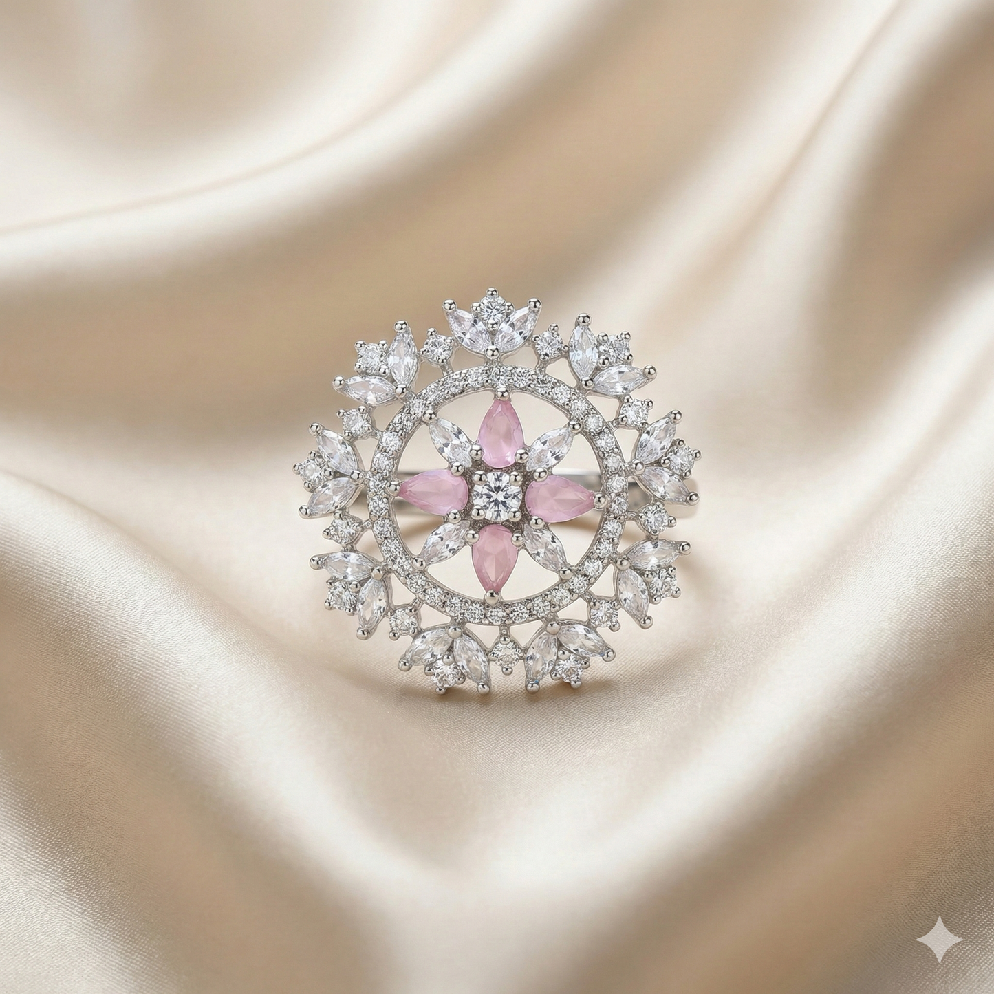 Silver Floral Cluster Ring with Pink & White CZ Stones