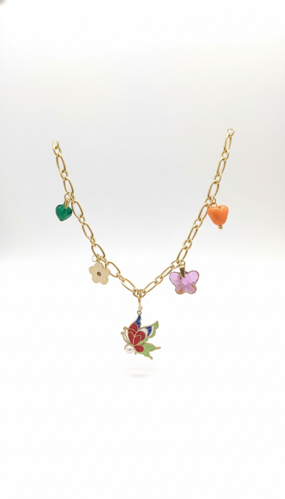 Gold-Plated Butterfly Charm Necklace with Colorful Enamel Floral and Heart Pendants