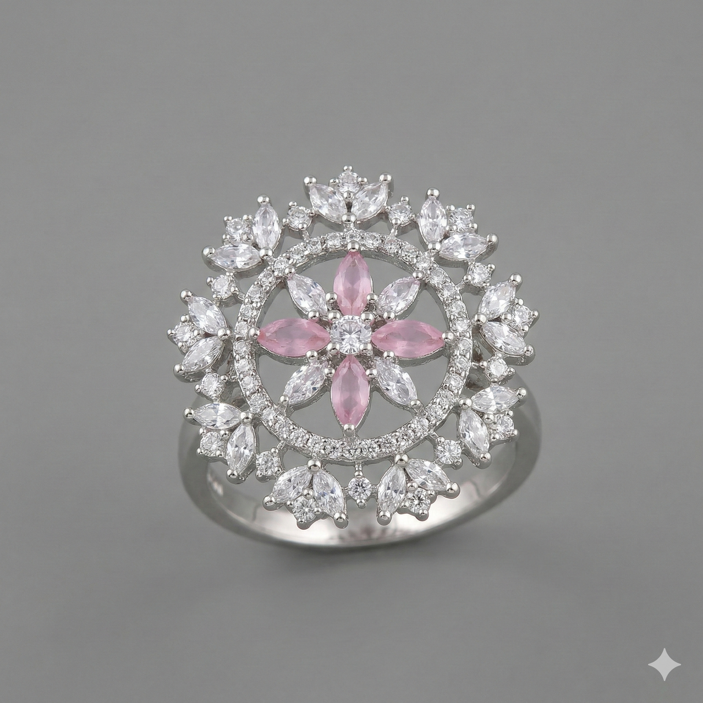 Silver Floral Cluster Ring with Pink & White CZ Stones