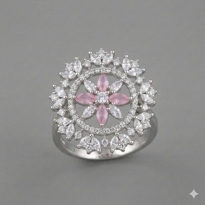 Silver Floral Cluster Ring with Pink & White CZ Stones