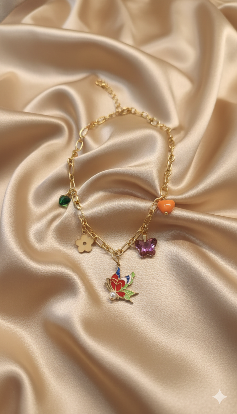 Gold-Plated Butterfly Charm Necklace with Colorful Enamel Floral and Heart Pendants