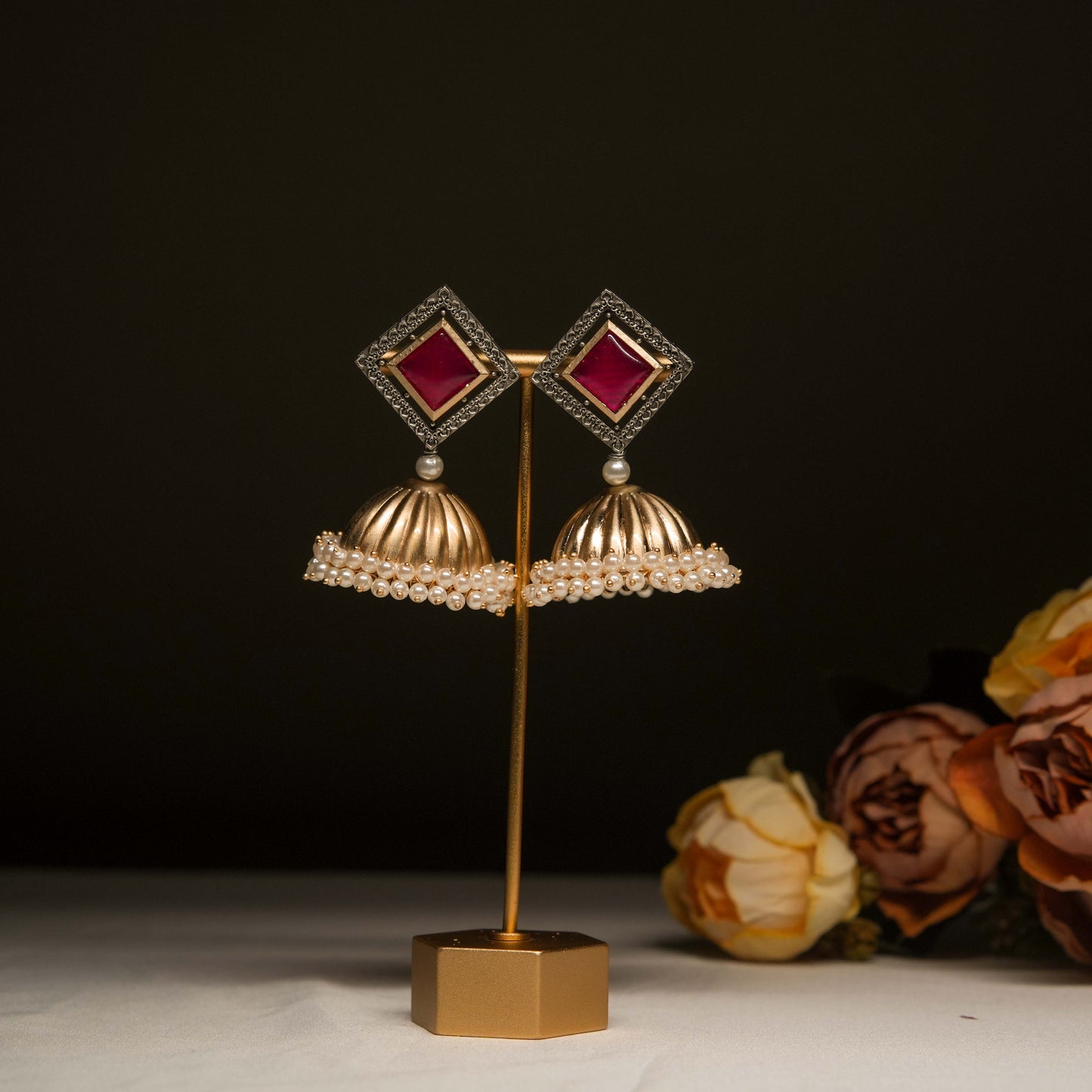 Pink Square Stud Jhumka Earrings with Pearl Drops