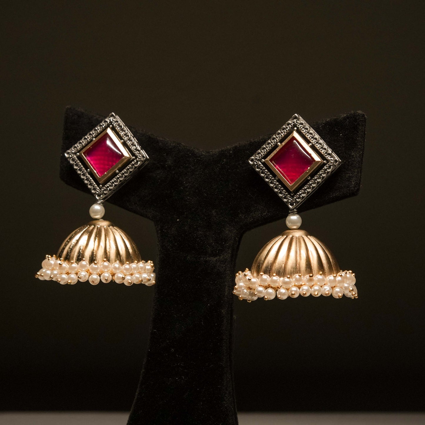 Pink Square Stud Jhumka Earrings with Pearl Drops