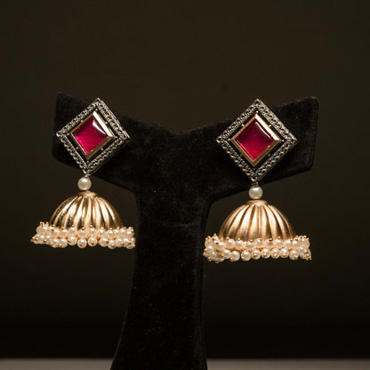 Pink Square Stud Jhumka Earrings with Pearl Drops