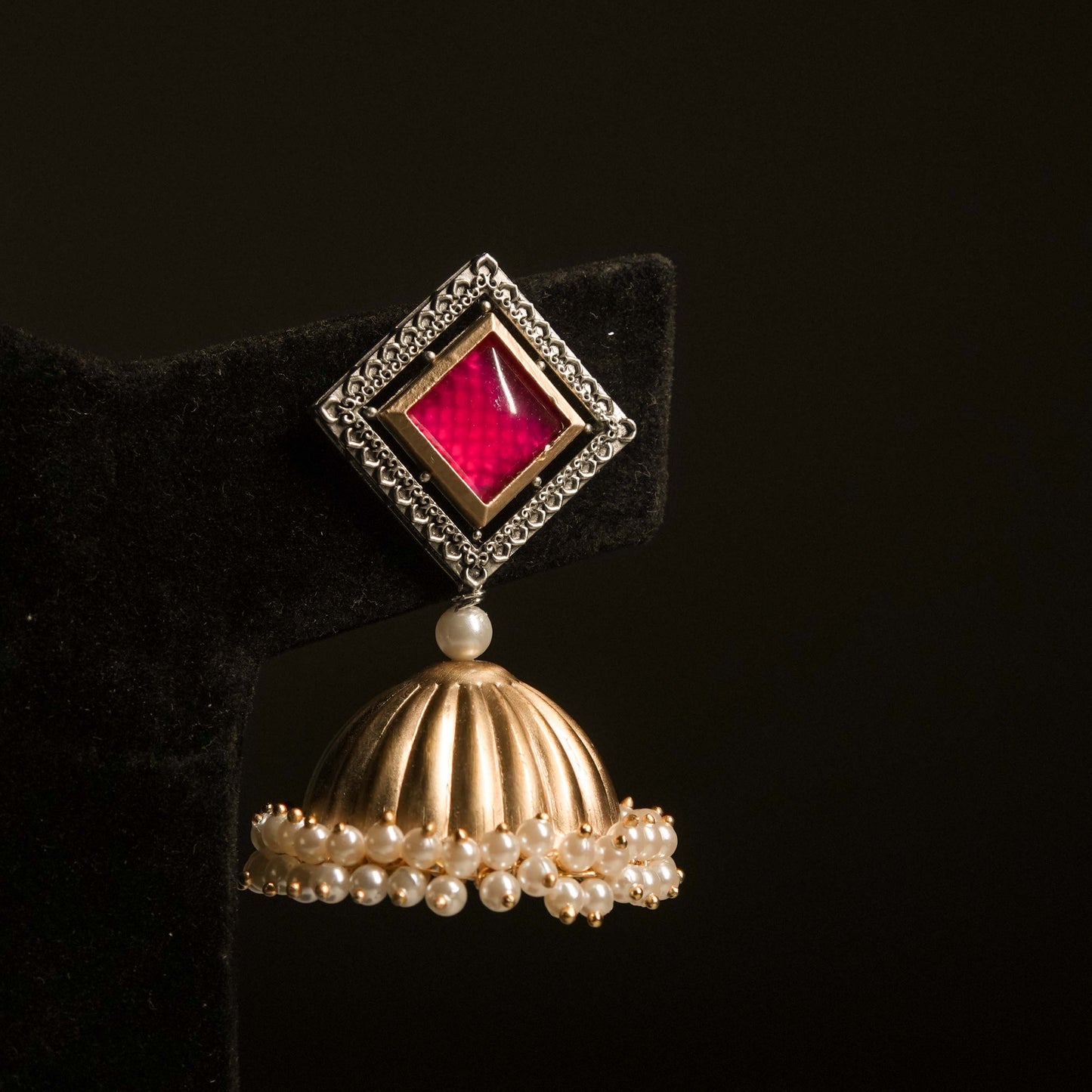 Pink Square Stud Jhumka Earrings with Pearl Drops