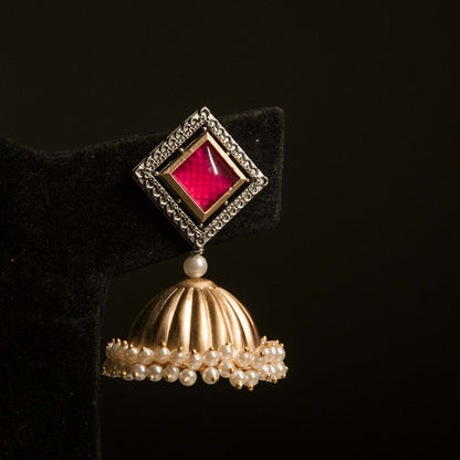 Pink Square Stud Jhumka Earrings with Pearl Drops
