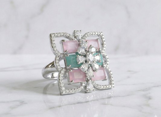 Pastel Pink & Aqua Square Stone Floral Ring in Silver Finish