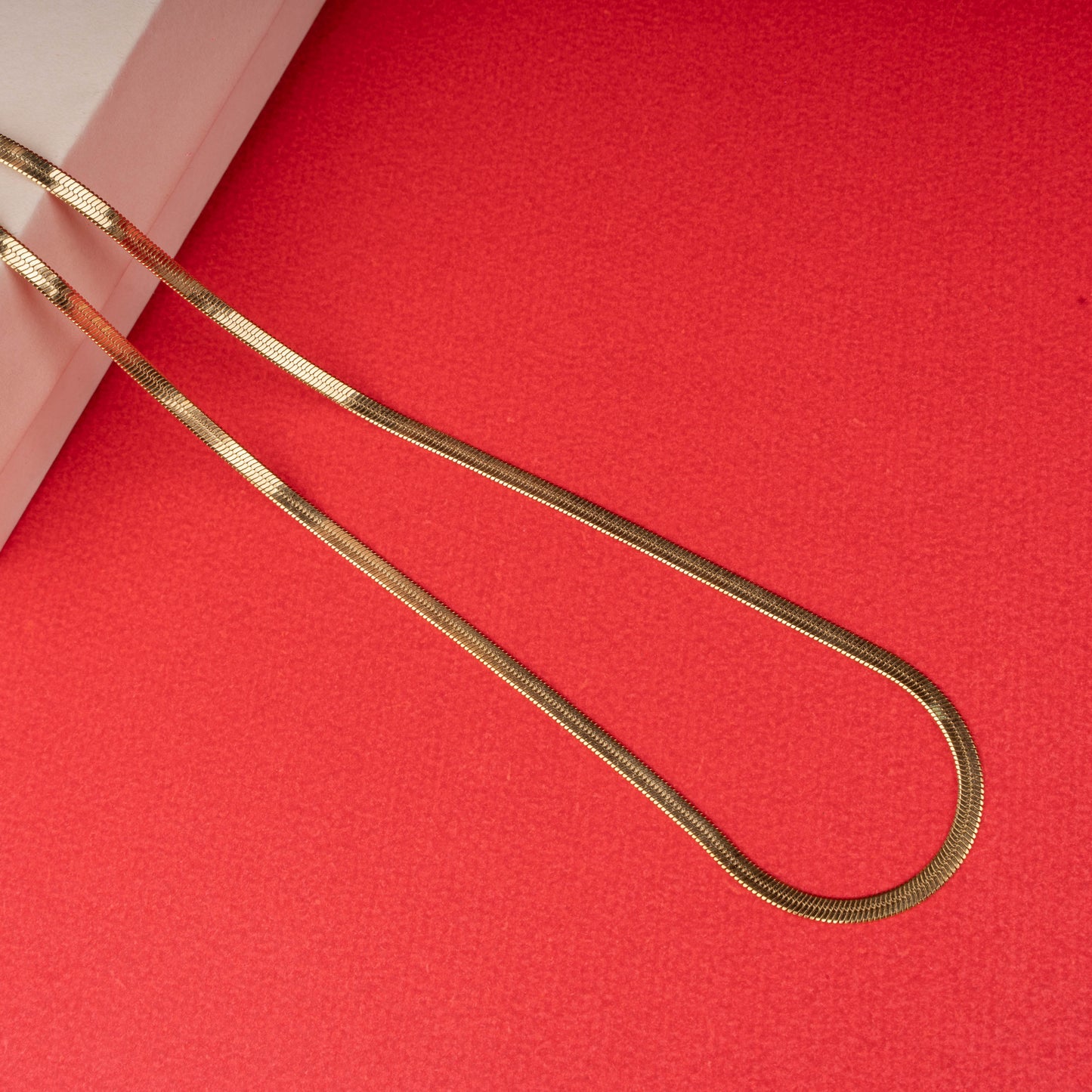 Minimalist gold flat snake chain necklace floor view - Revaaj