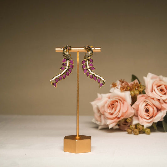 Antique Peacock Drop Earrings with Magenta Stones