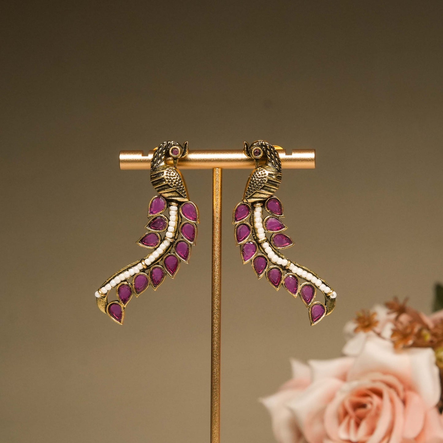 Antique Peacock Drop Earrings with Magenta Stones