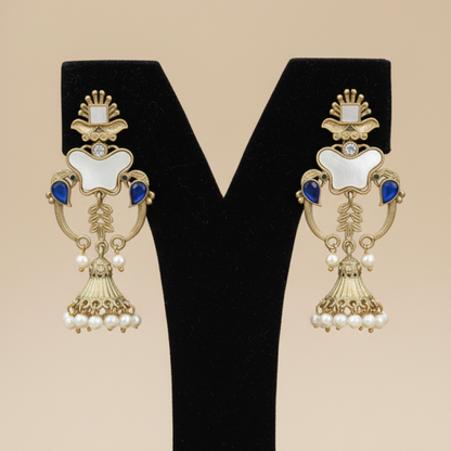 Gold-Plated Royal Blue and White Enamel Jhumka Earrings with Pearl Drops