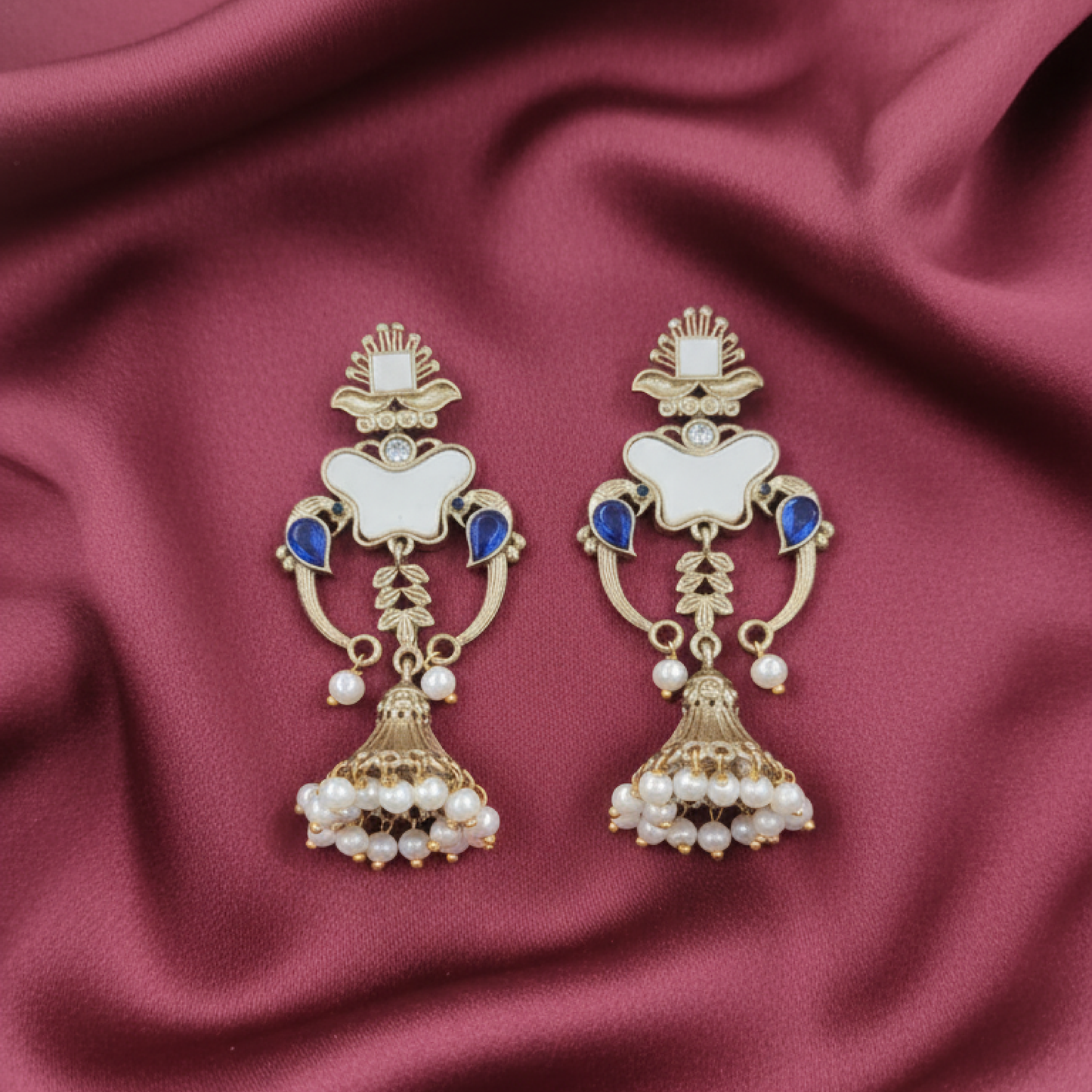 Gold-Plated Royal Blue and White Enamel Jhumka Earrings with Pearl Drops white