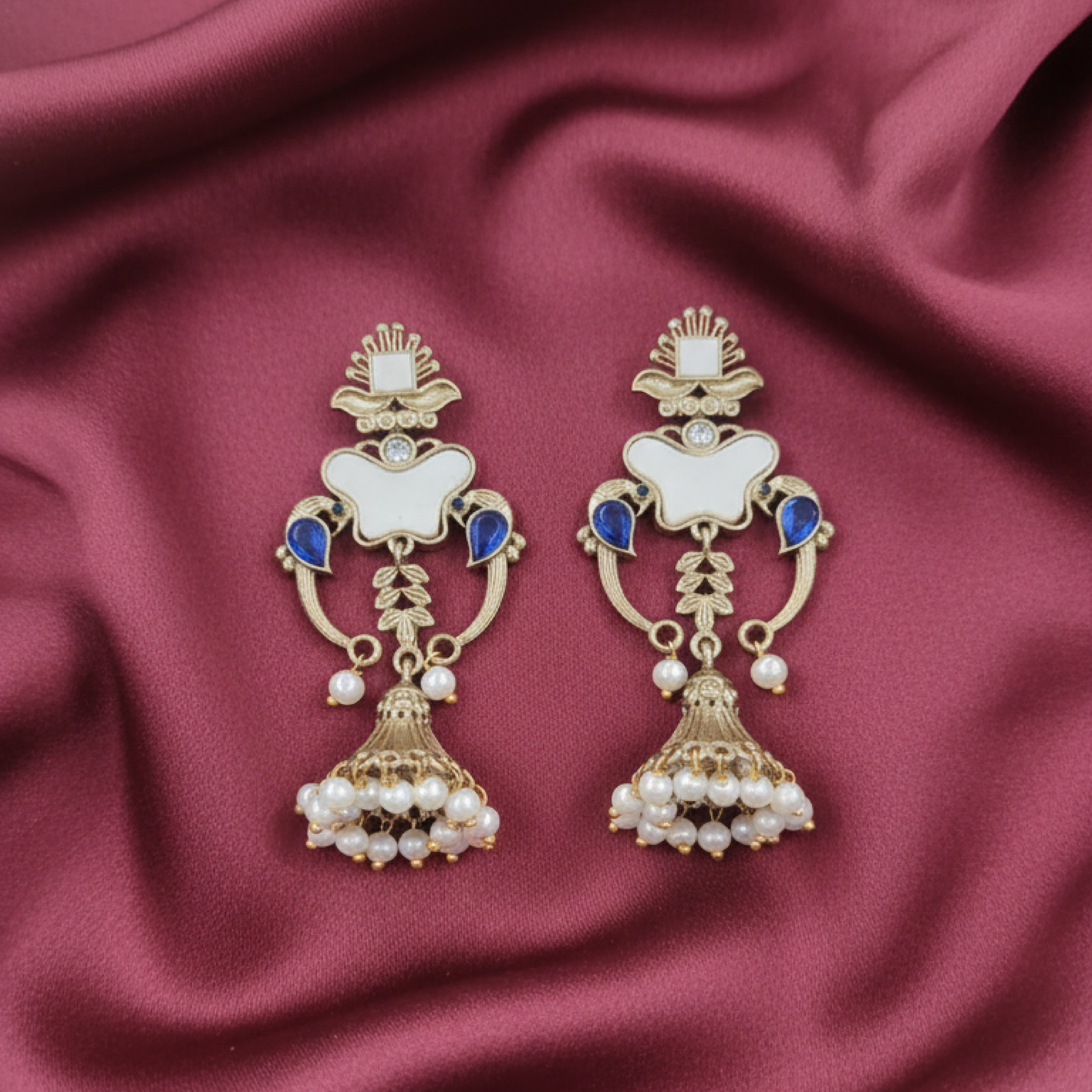 Gold-Plated Royal Blue and White Enamel Jhumka Earrings with Pearl Drops white