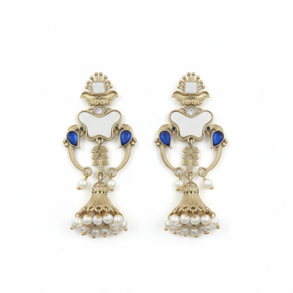 Gold-Plated Royal Blue and White Enamel Jhumka Earrings with Pearl Drops ground