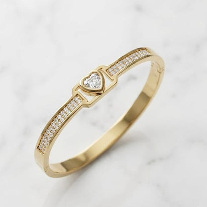 Anti tarnish Gold-Tone Heart Crystal Minimal Bangle
