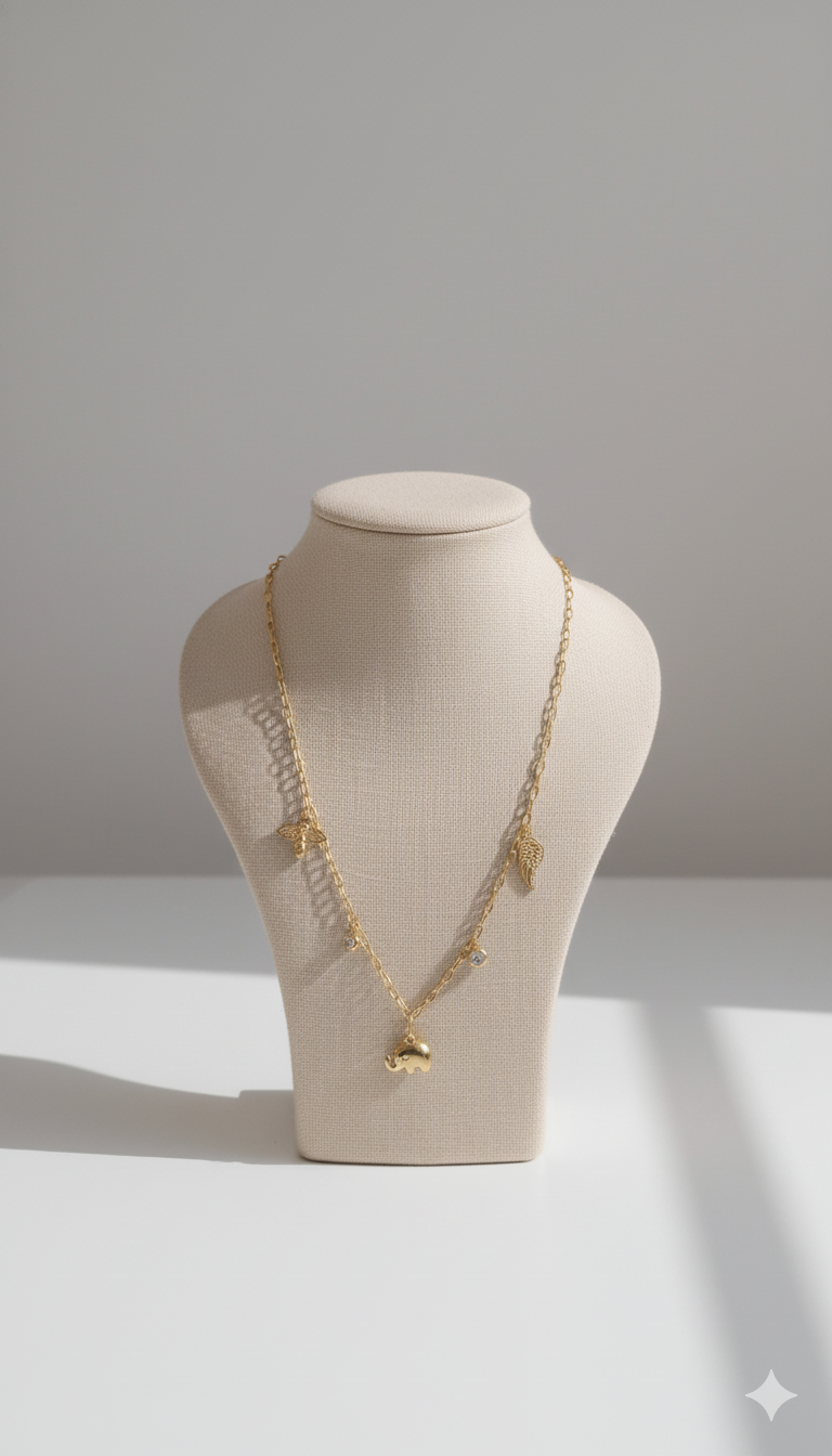 Gold-Plated Elephant Charm Necklace with Wing and Bee Pendants and Stone Accents