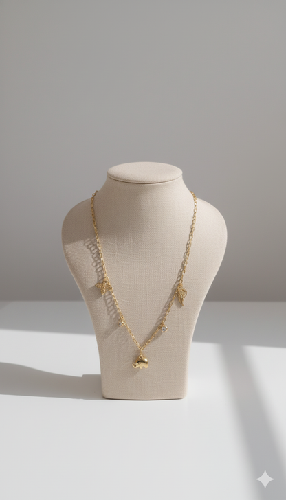 Gold-Plated Elephant Charm Necklace with Wing and Bee Pendants and Stone Accents